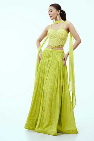 Fluroscent Green Crepe Lehenga with Hand Embroidered Corset Blouse