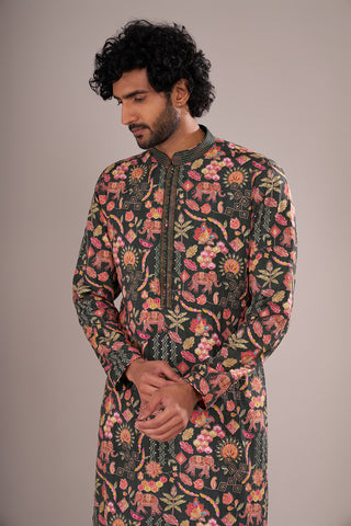 Forest Green Men's Printed Silk Blend Kurta Set with Festive Folk Motifs