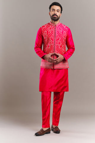 Fuchsia Art Silk Floral Motifs Men's Kurta with Jacket