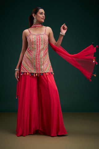 Fuchsia Crepe Indo-Western Suit with Mirror Work
