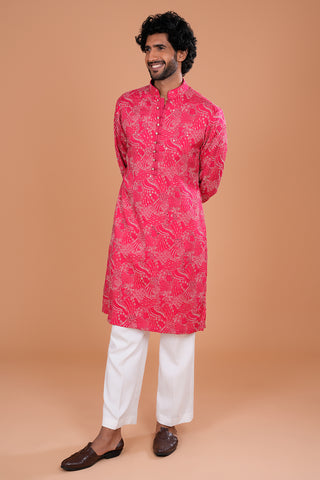 Fuchsia Embroidered Silk Men's Kurta Set