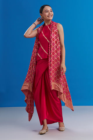 Fuchsia Pink Banarasi Co-ord Set with Tie-Dye Work