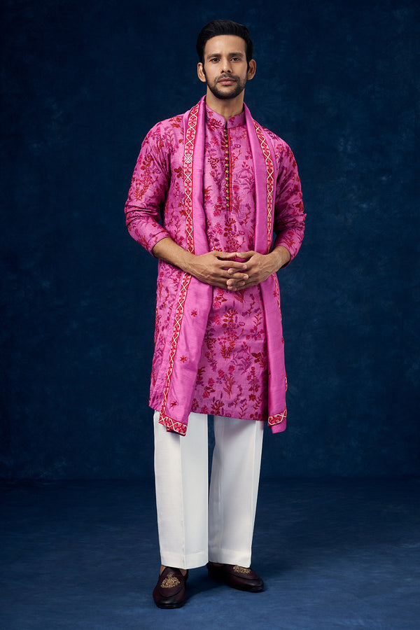 Fuchsia Pink Cotton Linen Mens Kurta Set with Resham Work and Dupatta
