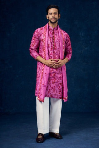 Fuchsia Pink Cotton Linen Mens Kurta Set with Resham Work and Dupatta