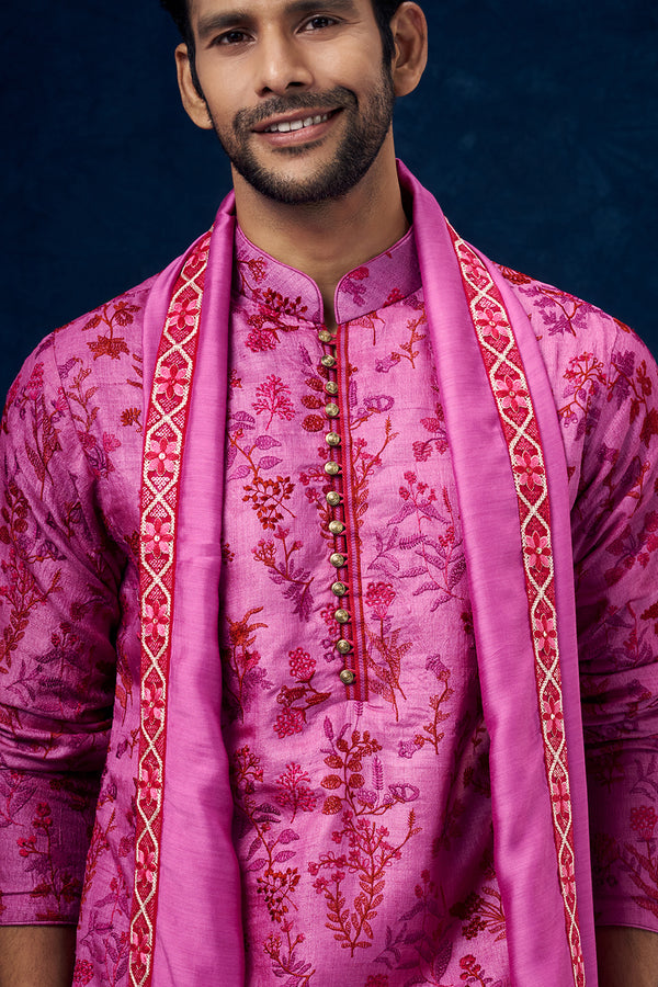Fuchsia Pink Cotton Linen Mens Kurta Set with Resham Work and Dupatta