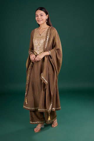 Brown Gold Kurta Set with Mirror Embroidery