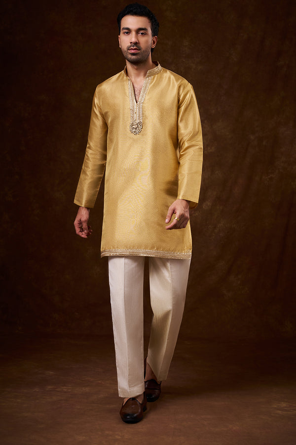 Gold Net Men's Kurta Set with Dori Work