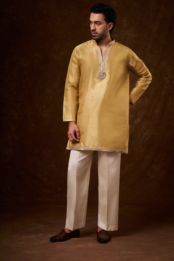 Gold Net Men's Kurta Set with Dori Work