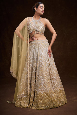 Gold Ombre Net Bridal Lehenga with Cutdana and Sequin Geometric Work