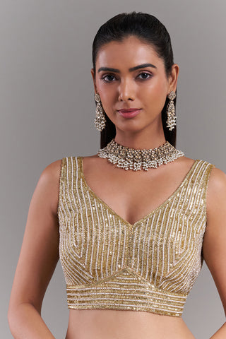 Gold Shimmer Blouse with Sculpted Linear Detailing