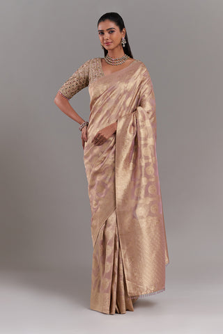 Mauve Gold Shimmer Organza Printed Saree with Stitched Blouse