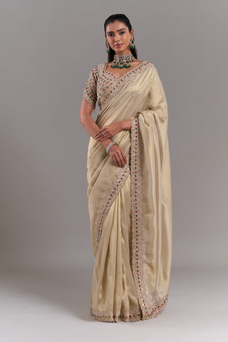 Gold Shimmer Organza Saree with Stitched Blouse