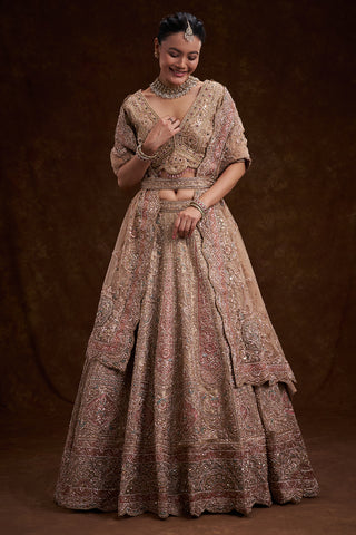 Gold Tissue Silk Bridal Lehenga with Cutdana Work and Unstitched Blouse