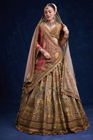 Gold Tissue Silk Bridal Lehenga with Ornate Zardozi Work