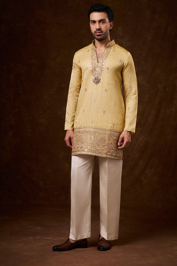 Gold Tissue Silk Men's Kurta Set with Cutdana Work