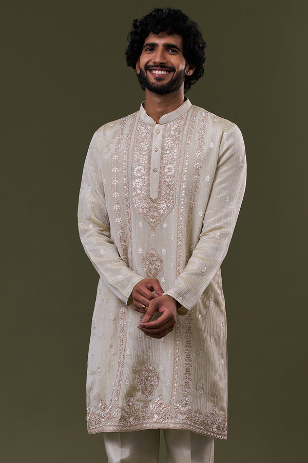 Gold Tissue Silk Resham Embellished Festive Kurta Set