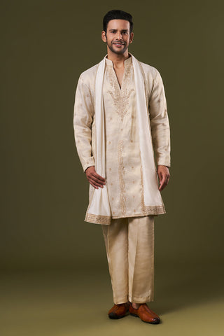 Golden Brocade Mens Kurta Set with Zardosi and Stone Embroidery