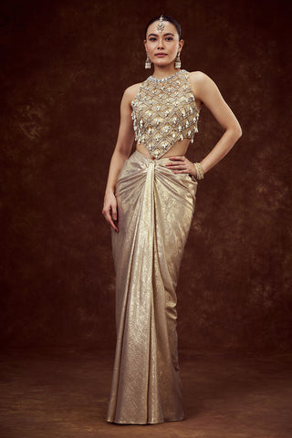 Golden Net Indo Western Drape Skirt Set
