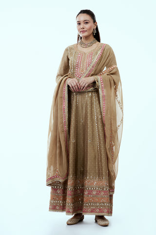 Golden Shimmer Tissue Suit Set with Mirror and Gota Work