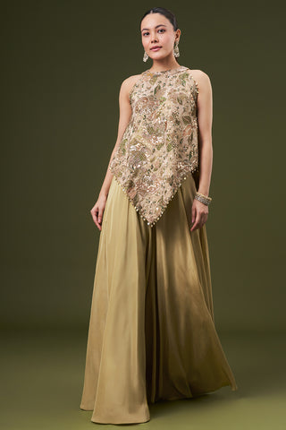 Golden Tissue Coord Set with Sequin and Cut Dana Work