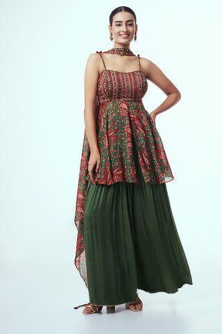 Green and Maroon Modal Indo-Western Set with Mirror Work