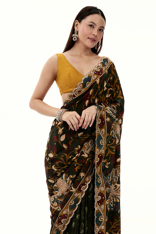 Green Crepe Half and Half Saree with Floral Motifs and Mirror Work