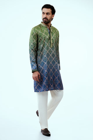 Green Dupion Silk Bandhani Mens Kurta Set with Zari Threadwork