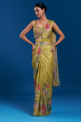 Green Shimmer Pre-Draped Saree Set with Bead Work