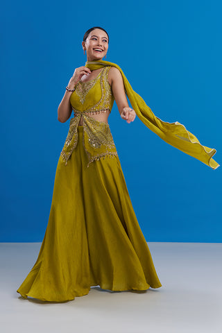 Green Shimmer Sharara Set with Bead Embroidery