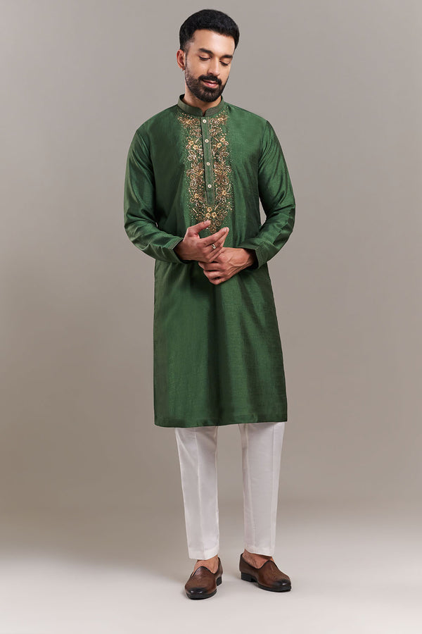 Green Silk Blend Ornate Yoke Men's Kurta Set