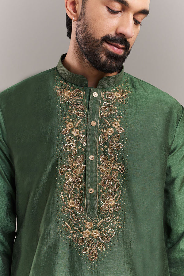 Green Silk Blend Ornate Yoke Men's Kurta Set