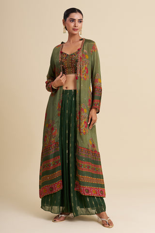 Green Viscose Georgette Cape Set with Printed Work