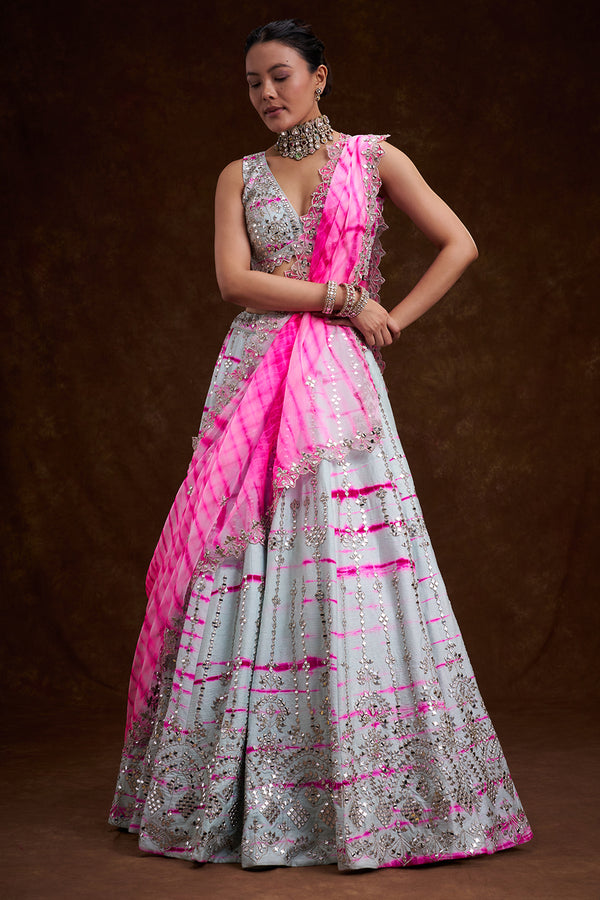 Grey and Rani Raw Silk Contemporary Lehenga with Resham and Mirror Work