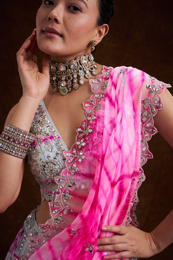 Grey and Rani Raw Silk Contemporary Lehenga with Resham and Mirror Work