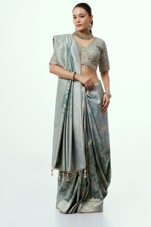 Grey Banarasi Tissue Silk Ready-to-Wear Saree with Stitched Blouse