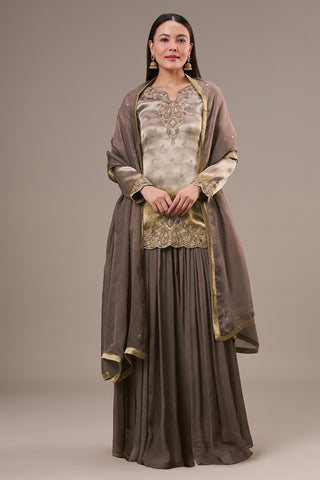 Grey Golden Coloured Tissue Palazzo Suit with Zardosi and Resham Work
