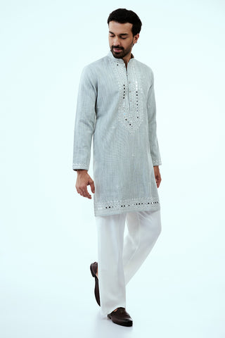 Grey Khadi Silk Mens Kurta Set with Mirror Work