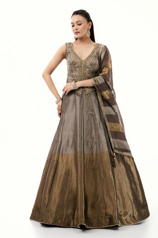 Grey Lehenga with Waistcoat Style Blouse and Mirror Work