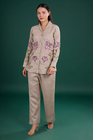 Grey Linen Co-Ord Set with Floral Thread Embroidery