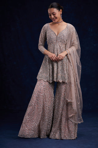Grey Net Indo-Western Set with Cutdana and Bead Work
