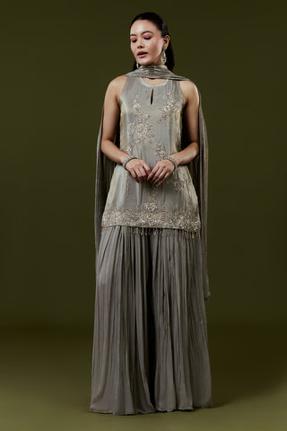 Grey Net Kurta Set with Moti Cutdana and Sequins