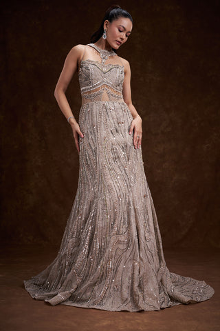 Grey Organza Bridal Gown with Abstract Embellishments