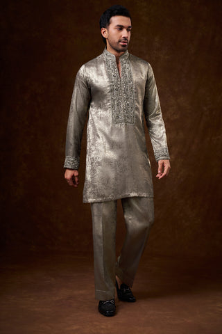 Grey Shimmer Georgette Men's Kurta Set with Zardozi Work