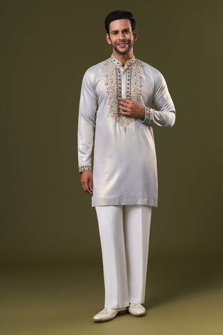 Grey Shimmer Mens Kurta Set with Beads and Zardosi Embroidery
