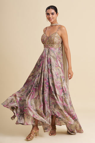 Grey Shimmer Viscose Gown with Zardozi Embroidery