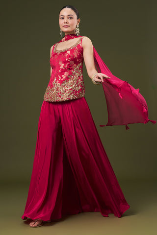 Hot Pink Banarasi Silk Palazzo Suit with Cutdana and Sequin Work