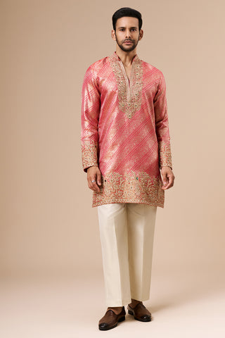 Hot Pink Brocade Silk Mens Kurta Set with Zari Work