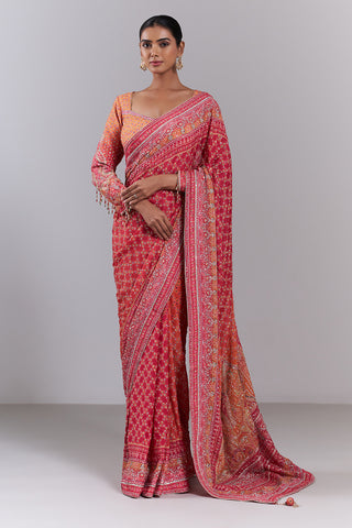 Hot Pink Crepe Embellished Saree And Stitched Blouse