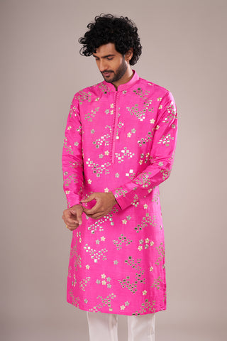 Hot Pink Men's Cotton Silk Kurta Set with Mirror Embroidery