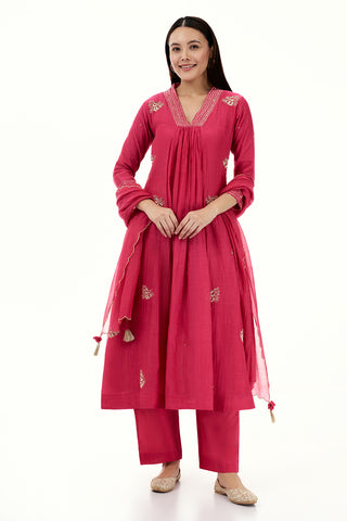 Hot Pink Mul Cotton Kurta Set with Zardosi and Bead Work